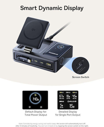 Baseus Βάση Φόρτισης με Θύρα USB-A και 2 Θύρες USB-C και Καλώδιο USB-C 140W σε Μαύρο χρώμα (Nomos UK Socket)