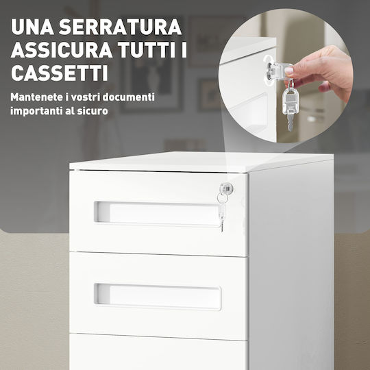 Office Storage Metal Drawer with Wheels, Lock & Drawers White L30xW43.5xH60cm