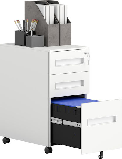 Office Storage Metal Drawer with Wheels, Lock & Drawers White L30xW43.5xH60cm