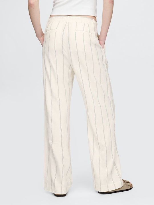 Damen Hoch tailliert Leinen Hose mit Gummizug Gestreift Off White