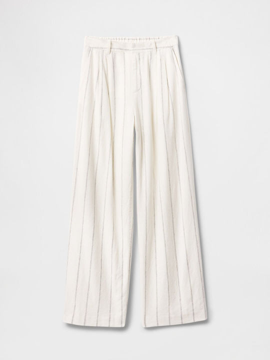Damen Hoch tailliert Leinen Hose mit Gummizug Gestreift Off White