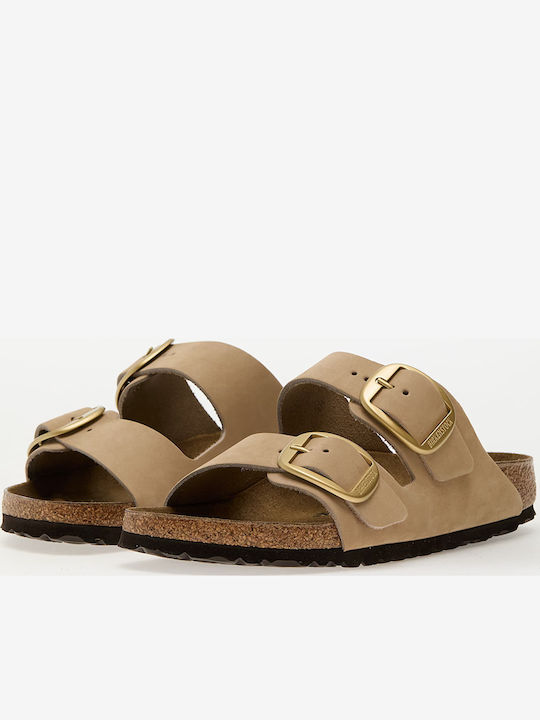 Arizona Big Buckle Leather Women's Flat Sandals in Beige Color Narrow Fit
