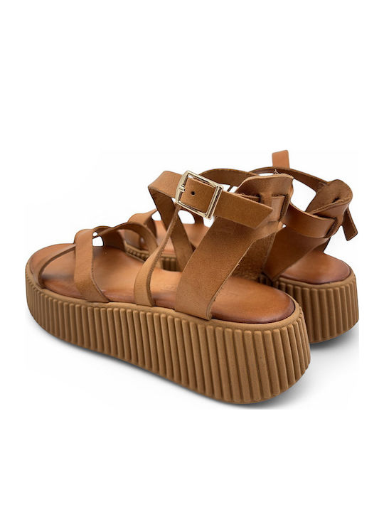 Leather Women's Flat Sandals Flatforms in Tabac Brown Color