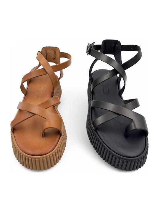 Leather Women's Flat Sandals Flatforms in Tabac Brown Color