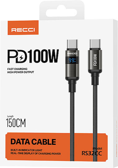Recci Braided USB 2.0 Cable USB-C male - USB-C 100W PD Μαύρο 1.5m RS32CC