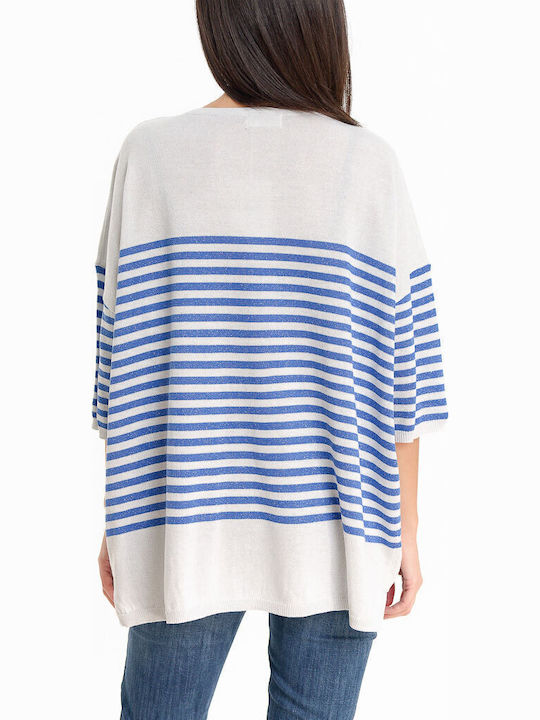 Women's Sweater with 3/4 Sleeve & V Neckline White/Light Blue