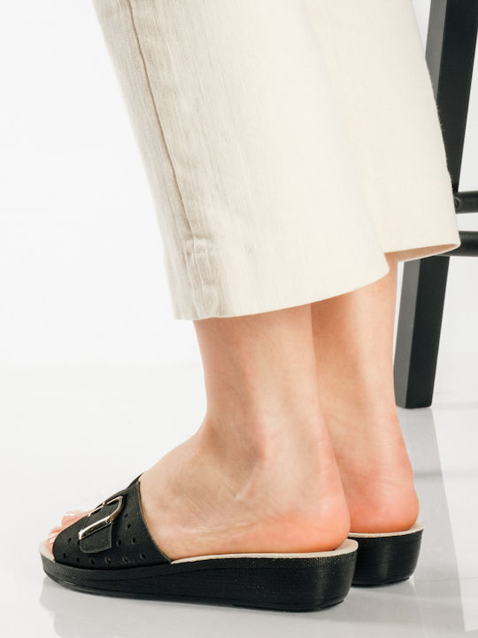 Leather Women's Flat Sandals in Black Color