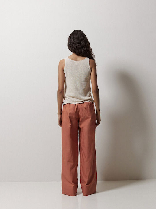 Women's Fabric Trousers with Elastic in Wide Line Orange
