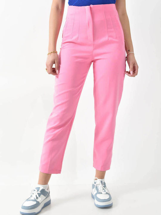 Women's High-waisted Fabric Trousers Regular Fit Pink