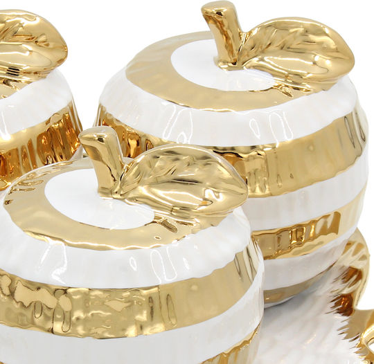 Decorative Ceramic Apples Set of 3 Ø10x10 cm Plate 23.5x24.5 cm White Gold Keskor 78679