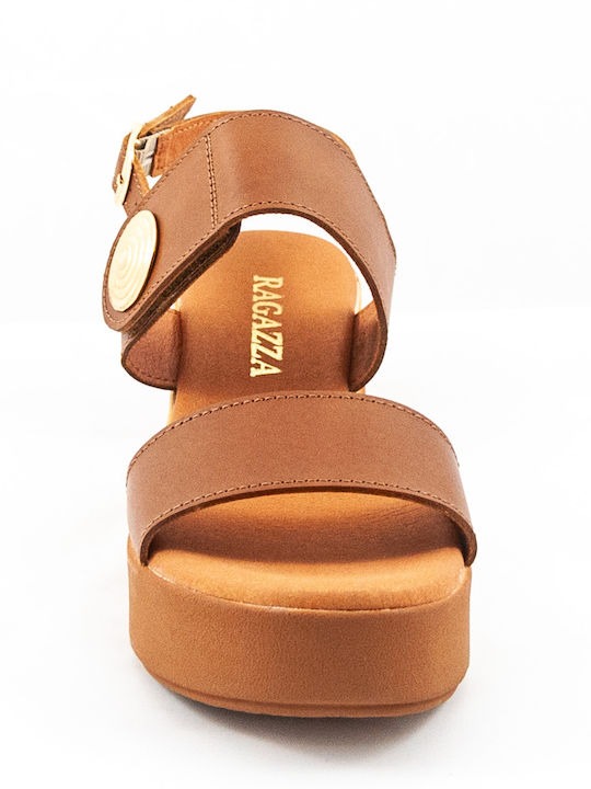 Women's Leather Ankle Strap Platforms Tabac Brown
