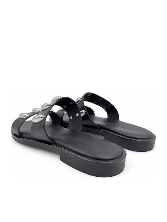 Leather Women's Flat Sandals in Black Color