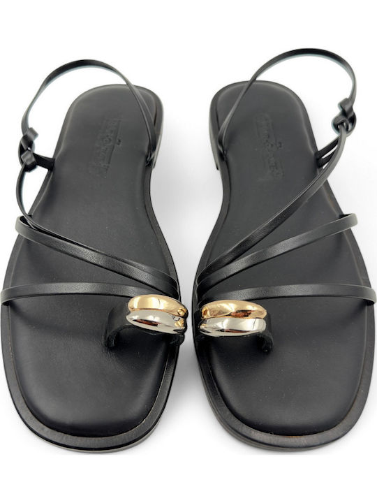 Leather Women's Flat Sandals in Black Color