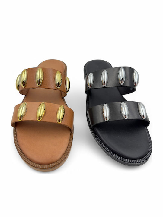 Leather Women's Flat Sandals in Black Color