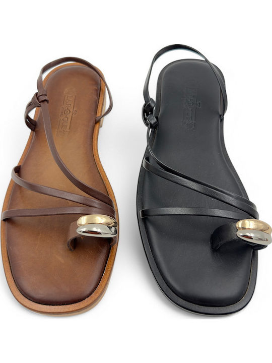 Leather Women's Flat Sandals in Black Color