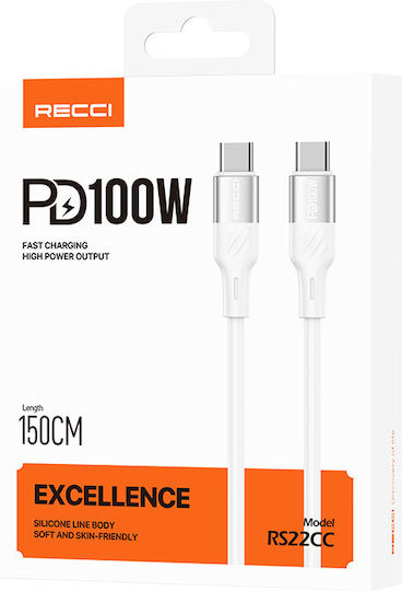 Recci USB 2.0 Cable USB-C male - USB-C 100W PD Λευκό 1.5m RS22CC