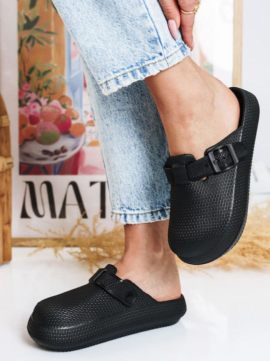 Black Clogs Adjustable Strap Embossed Texture