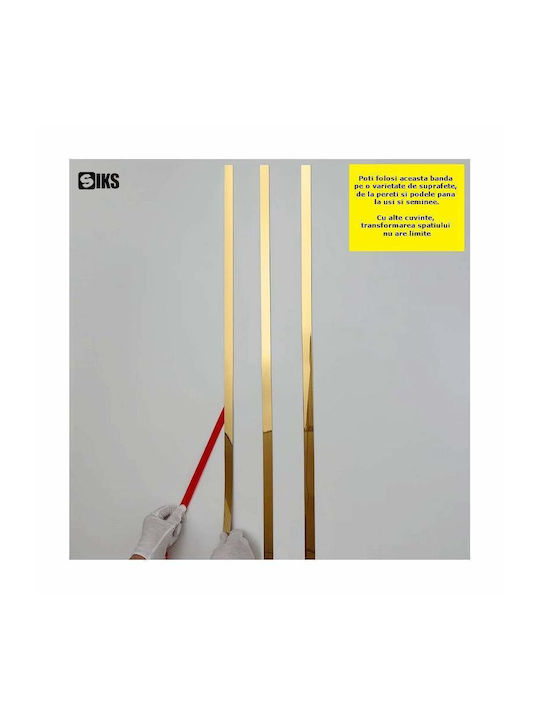 Bandă decorativă autoadezivă efect oglindă Siks din oțel inoxidabil placat cu nichel tip rolă autocolant pentru perete, tavan, podea, mobilier, dimensiune 200 x 1 cm, rezistentă la apă, auriu