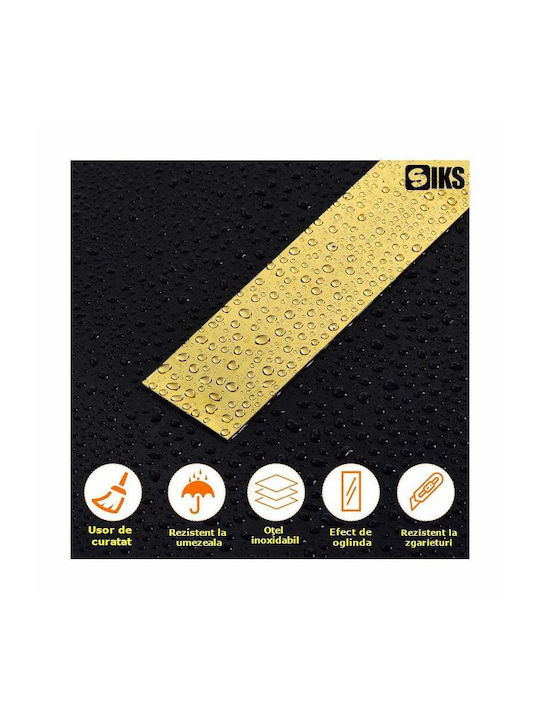 Bandă decorativă autoadezivă efect oglindă Siks din oțel inoxidabil placat cu nichel tip rolă autocolant pentru perete, tavan, podea, mobilier, dimensiune 200 x 1 cm, rezistentă la apă, auriu