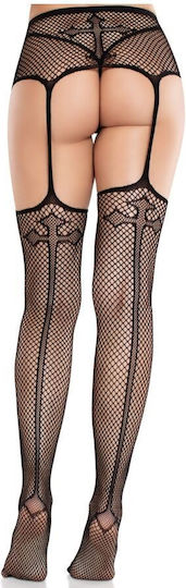 Leg Avenue Lace Stockings Cross Garter Belt Black