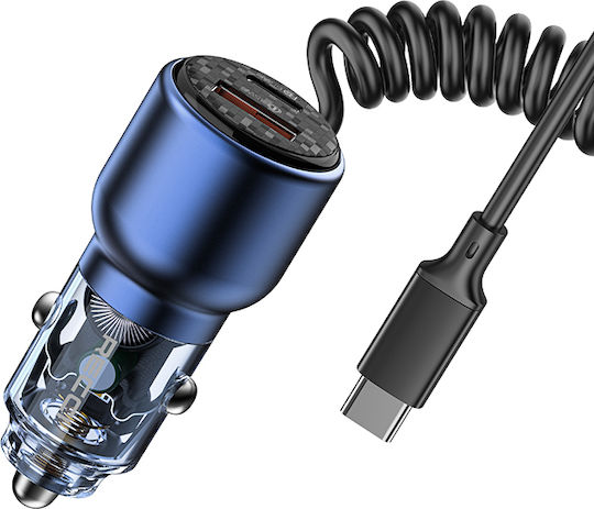 Recci Φορτιστής Αυτοκινήτου 110W Γρήγορης Φόρτισης με Θύρες: 1xUSB 1xType-C μαζί με Καλώδιο Type-C Μπλε