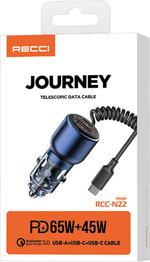 Recci Φορτιστής Αυτοκινήτου 110W Γρήγορης Φόρτισης με Θύρες: 1xUSB 1xType-C μαζί με Καλώδιο Type-C Μπλε