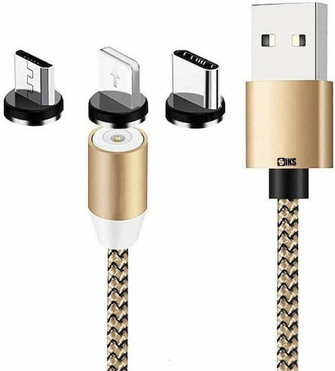 Siks 3в1 Магнитен Кабел за Зареждане Lightning Micro-usb Type-c Златен