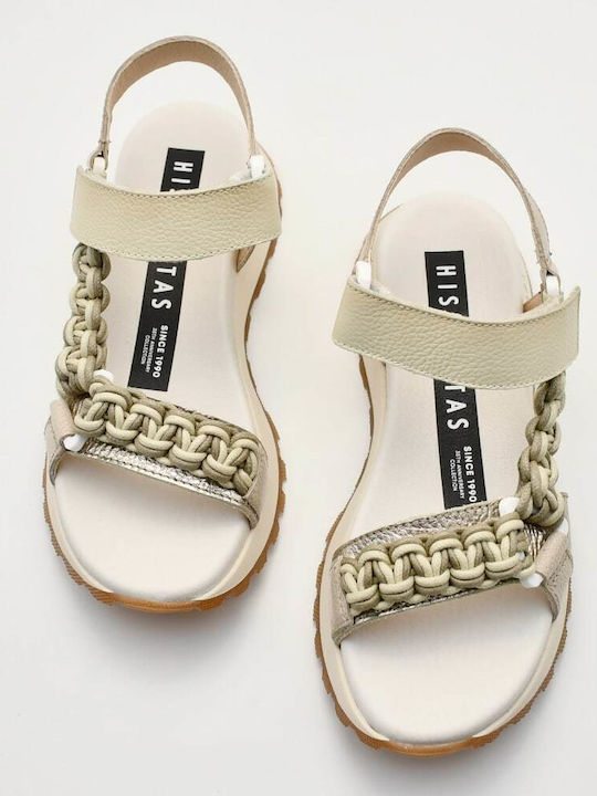 Leather Women's Flat Sandals Sporty Beige