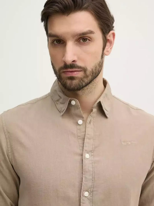 Drop 3a Arnau Long Sleeve Linen Shirt In Regular Fit Beige