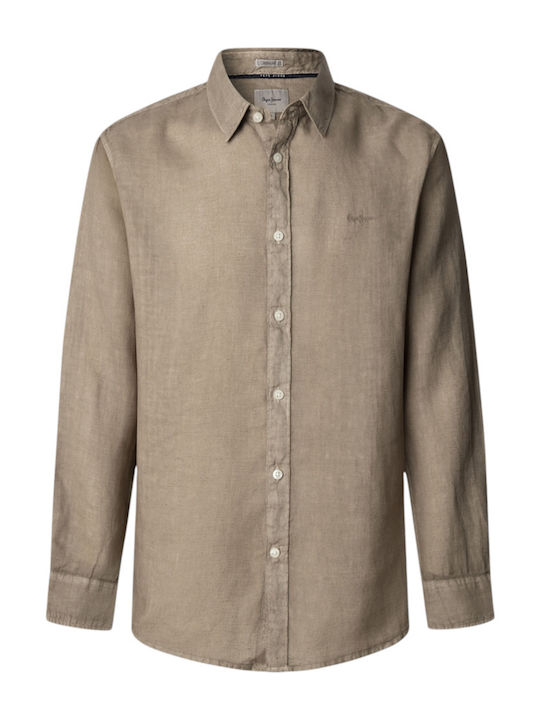 Drop 3a Arnau Long Sleeve Linen Shirt In Regular Fit Beige
