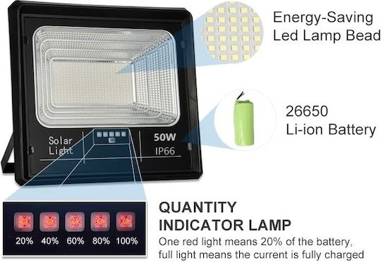 Jortan Στεγανός Ηλιακός Προβολέας LED 50W Ψυχρό Λευκό 6500K με Τηλεχειριστήριο IP66
