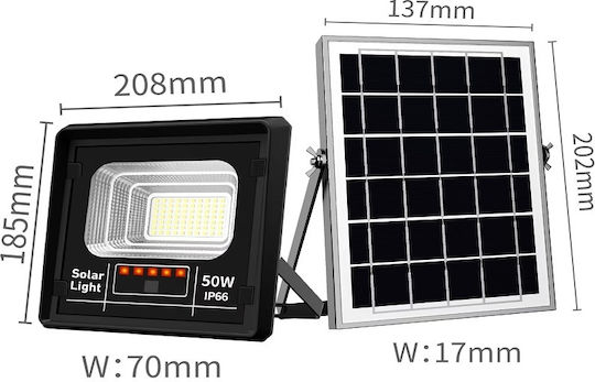 Jortan Στεγανός Ηλιακός Προβολέας LED 50W Ψυχρό Λευκό 6500K με Τηλεχειριστήριο IP66