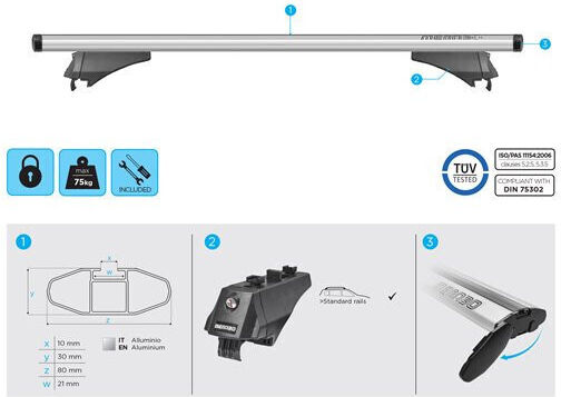 Menabo Μπάρες Οροφής Αλουμινίου 118εκ. Universal Citroen C4 Cactus Nissan Pathfinder 2005-2012 (Σετ με πόδια και κλειδαριά)