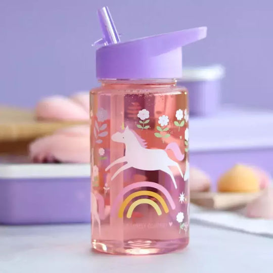 A Little Lovely Company Kids Water Bottle Unicorn Plastic with Straw Tritan 450ml (Various Designs/Colours)