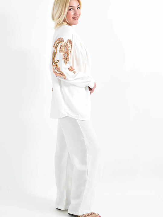 Women's White Set with Pants with Elastic in Straight Line with Sequins