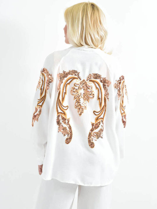 Women's White Set with Pants with Elastic in Straight Line with Sequins
