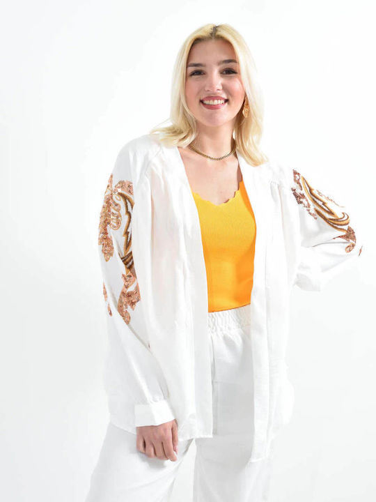 Women's White Set with Pants with Elastic in Straight Line with Sequins