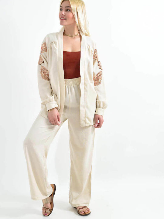 Women's Ecru Set with Pants with Elastic in Straight Line