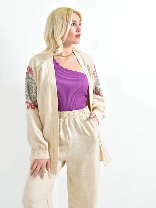 Women's Ecru Set with Pants with Elastic in Straight Line