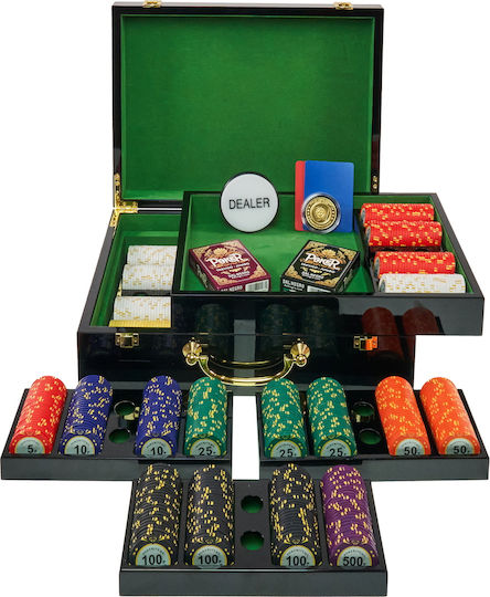 Set of 500 Poker Chips Pokeritems 14g Luxury Wooden Box