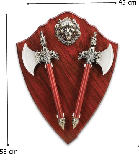 Shield-shaped Set Two Axes Tiger Emblem Wood 55 Cm Burgundy