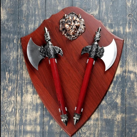 Shield-shaped Set Two Axes Tiger Emblem Wood 55 Cm Burgundy