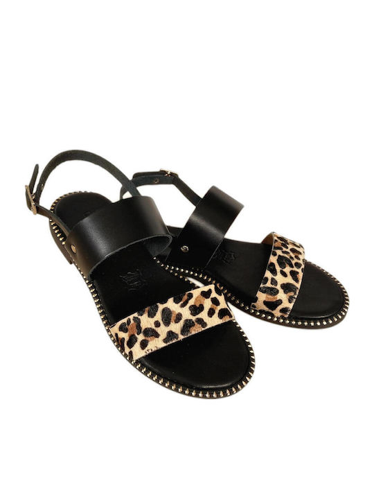 Leather Women's Flat Sandals in Black Color