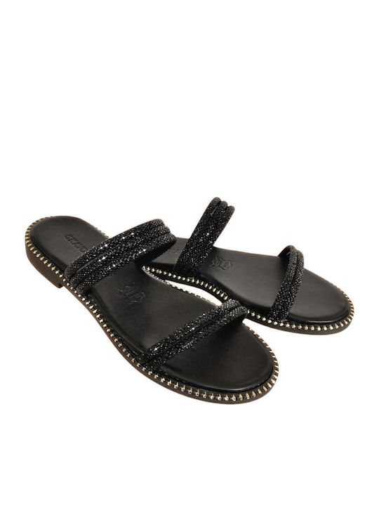 Leather Women's Flat Sandals in Black Color