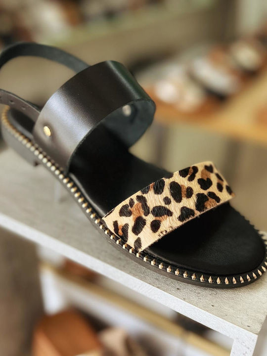 Leather Women's Flat Sandals in Black Color
