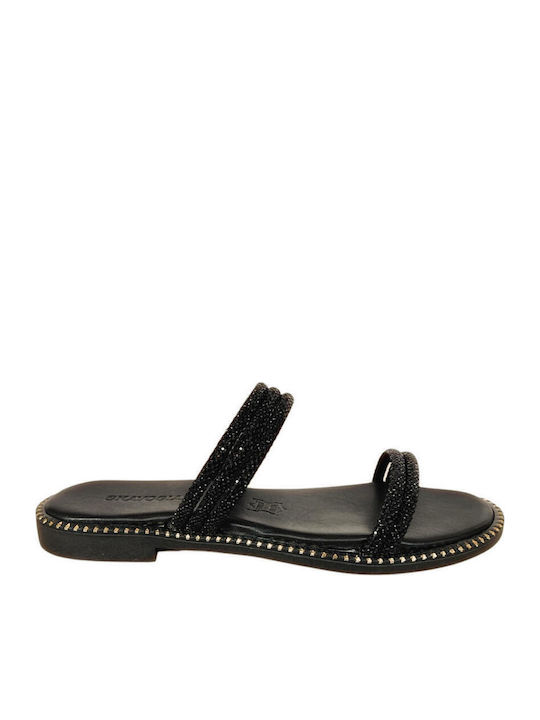 Leather Women's Flat Sandals in Black Color