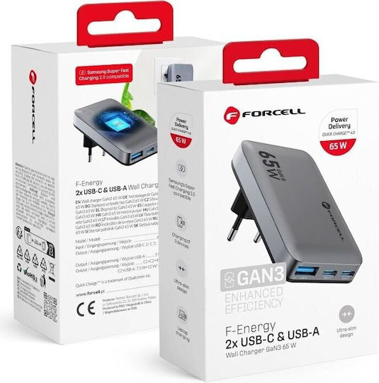 Forcell Φορτιστής Χωρίς Καλώδιο GaN με Θύρα USB-A και 2 Θύρες USB-C 65W Power Delivery / Quick Charge 4.0 Γκρι (F-Energy)