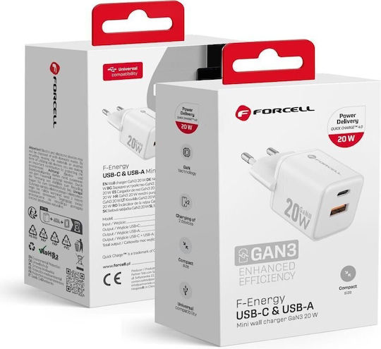 Forcell Charger Without Cable GaN with USB-A Port and USB-C Port 20W Power Delivery / Quick Charge 4.0 Whites (F-Energy Mini VT-35A)