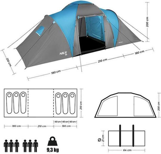 Nils Highland Winter Camping Tent Tunnel Mountaineering Blue with Double Cloth for 6 People Waterproof 4000mm 570x210x200cm