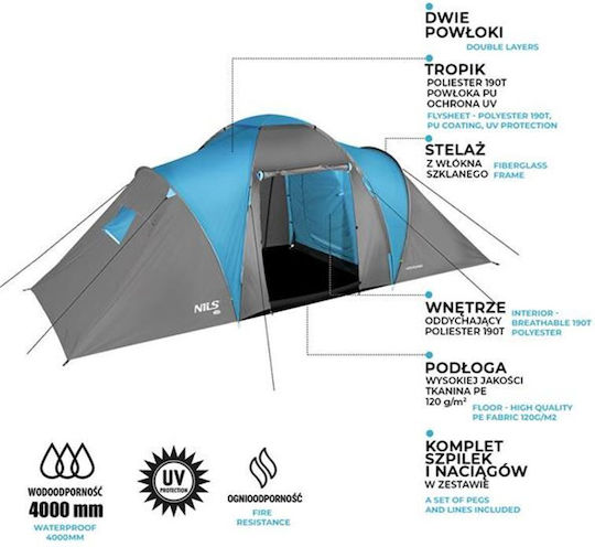 Nils Highland Winter Camping Tent Tunnel Mountaineering Blue with Double Cloth for 6 People Waterproof 4000mm 570x210x200cm